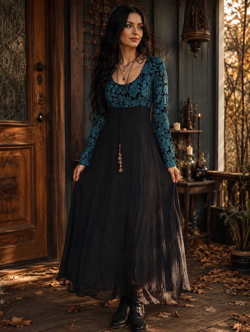 Teal Floral Bodice Long Black Maxi Dress - Women